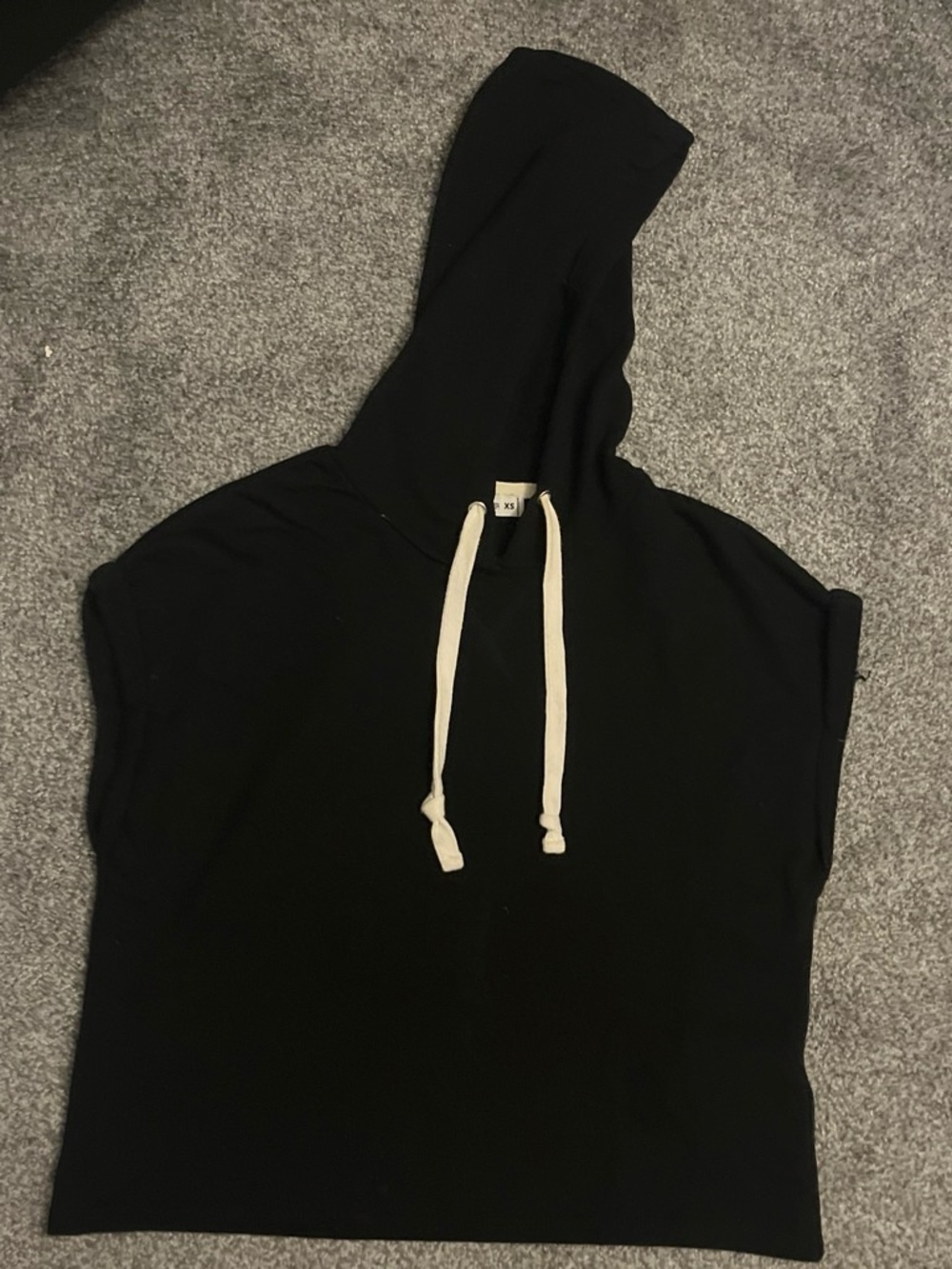 Black Sleeveless Hoodie with White Drawstrings